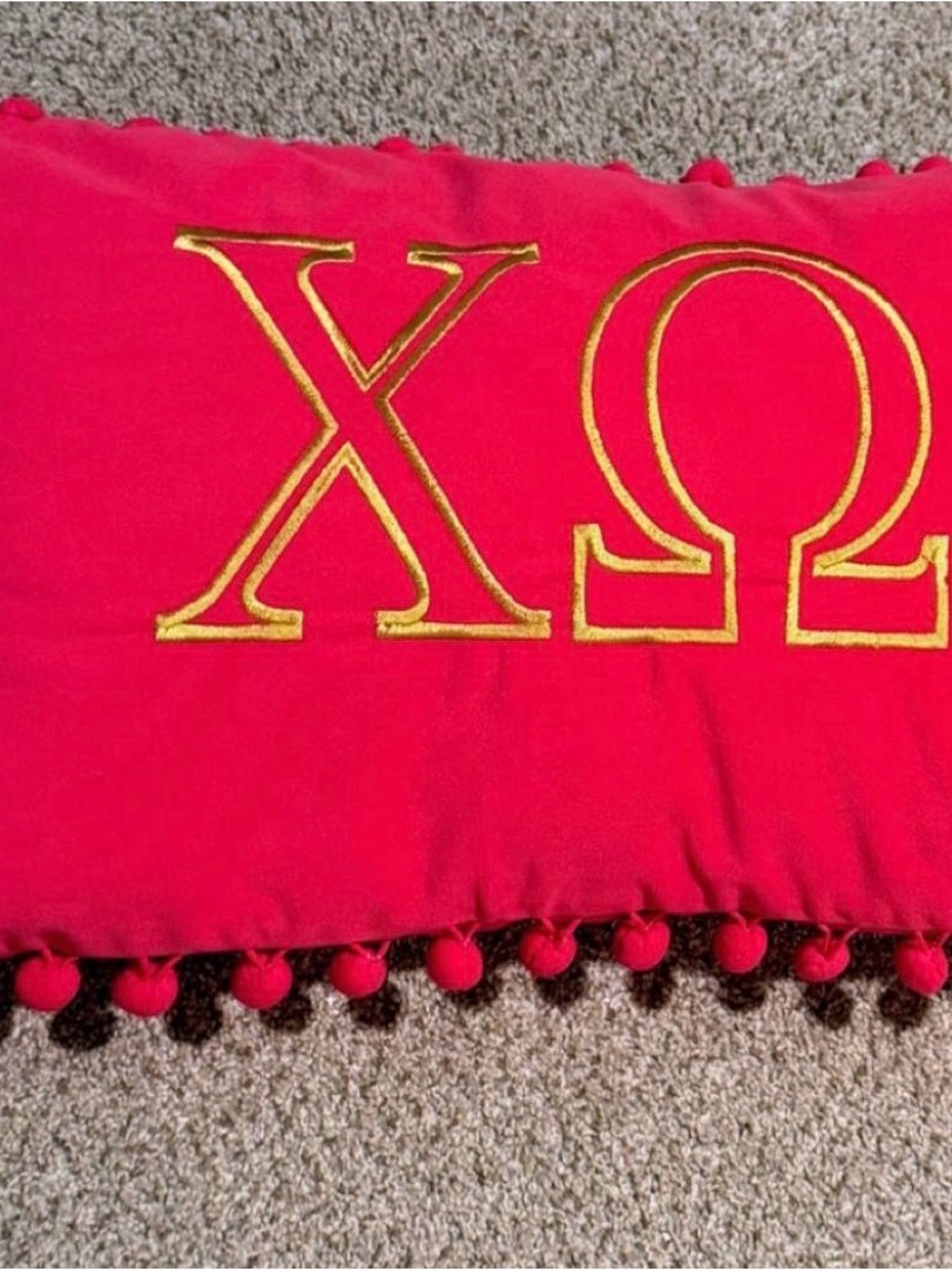 Hot Pink Chi Omega lumbar Pillow with Gold Embroidered Greek Letters